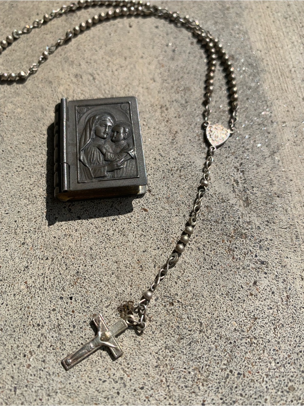 Antique German Metal Miniature Bible Box With Rosary
